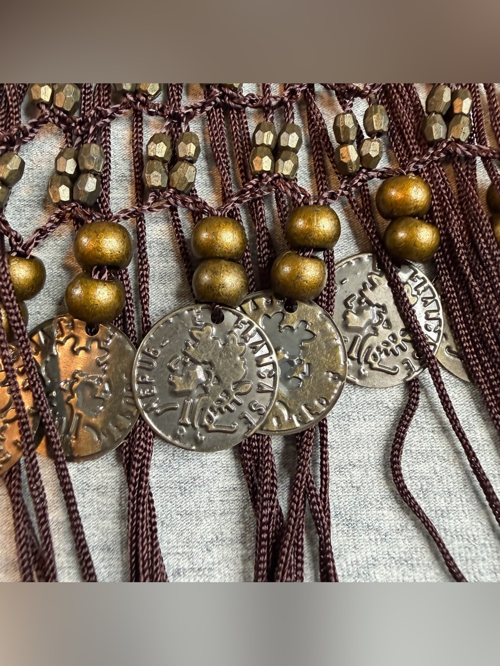 Brown Belly Dance Hip Scarf with Fringe and Coins - Picture 4 of 9